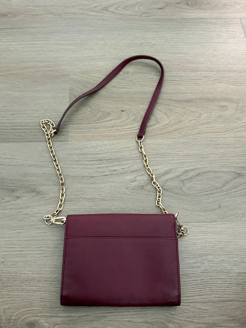 Tory Burch Burgundy Pebbled Leather Crossbody with Gold Logo Chain